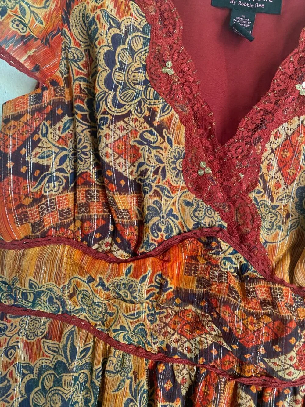100% Silk Bohemian Paisley Lace-Trim Midi Gypsy Ethereal Dress Robbie Bee - Picture 5 of 11